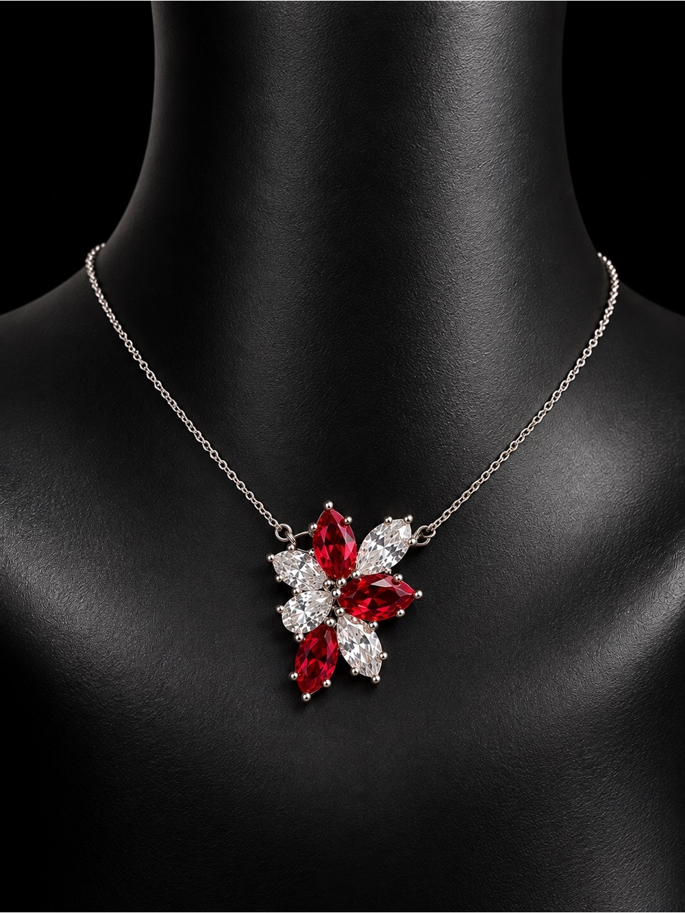 Red and Clear Crystal Flower Pendant Necklace